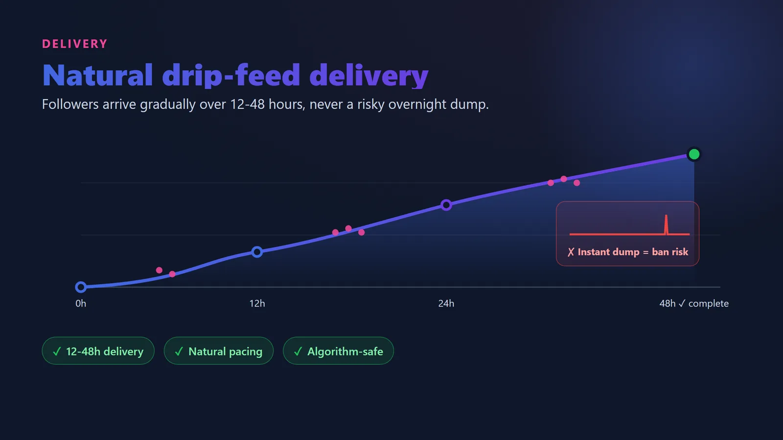 BoostPals drip-feed delivery of Instagram followers over 12 to 48 hours for natural, safe growth