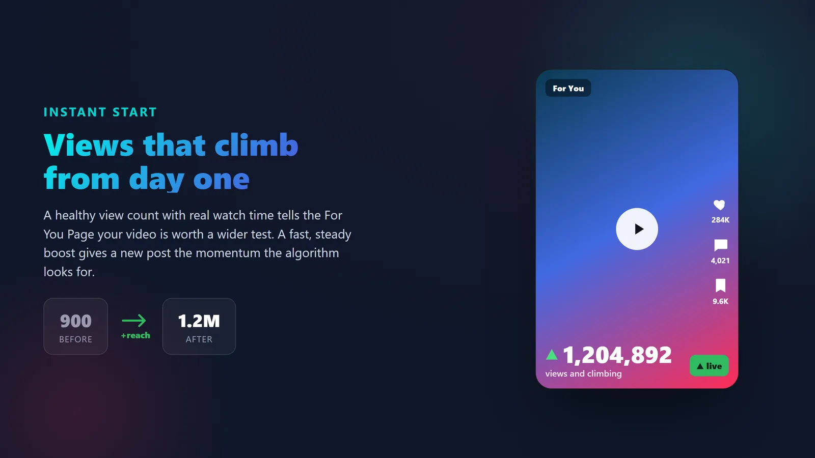 BoostPals TikTok view count climbing on a video after buying high-retention views