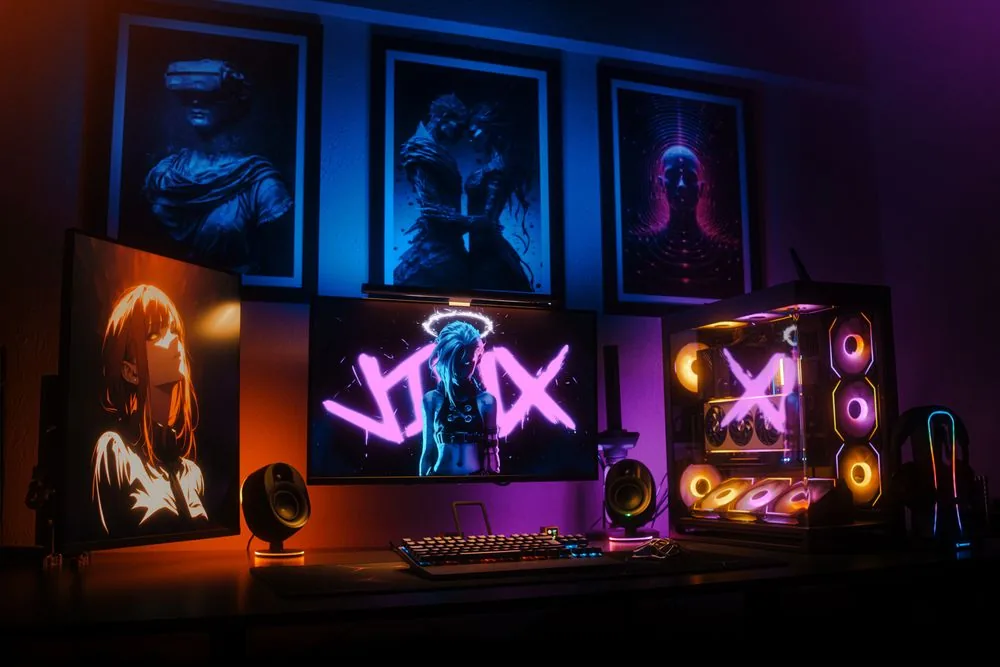 A tidy, neon-lit streaming setup, representing a safe way to buy Twitch views with no password and real, gradual delivery