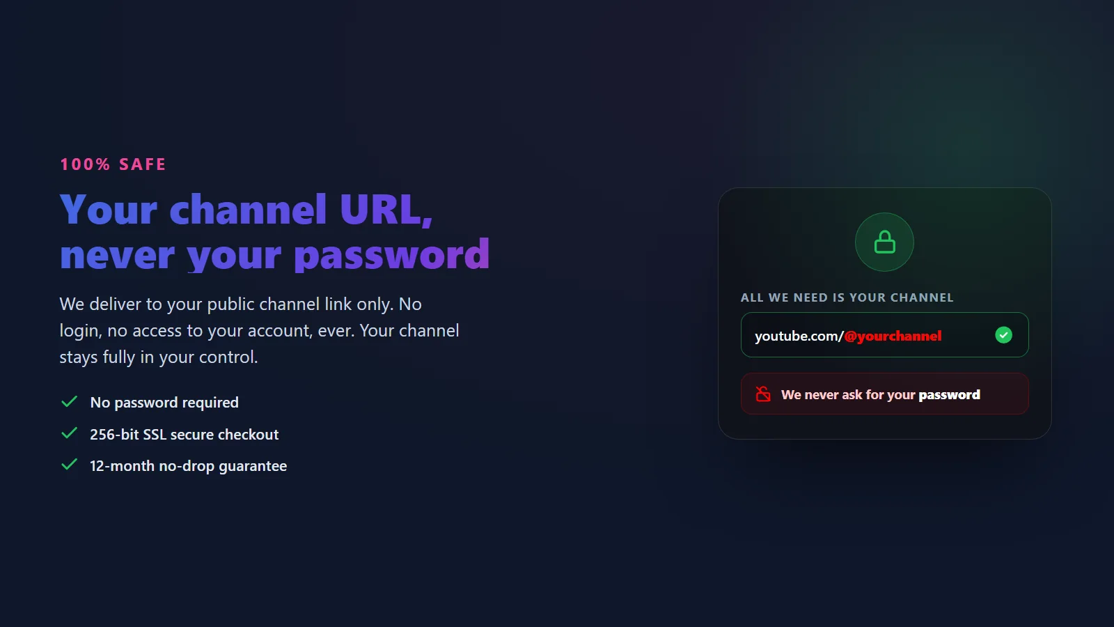 Safe way to buy YouTube subscribers without sharing your password, protecting your channel from bans