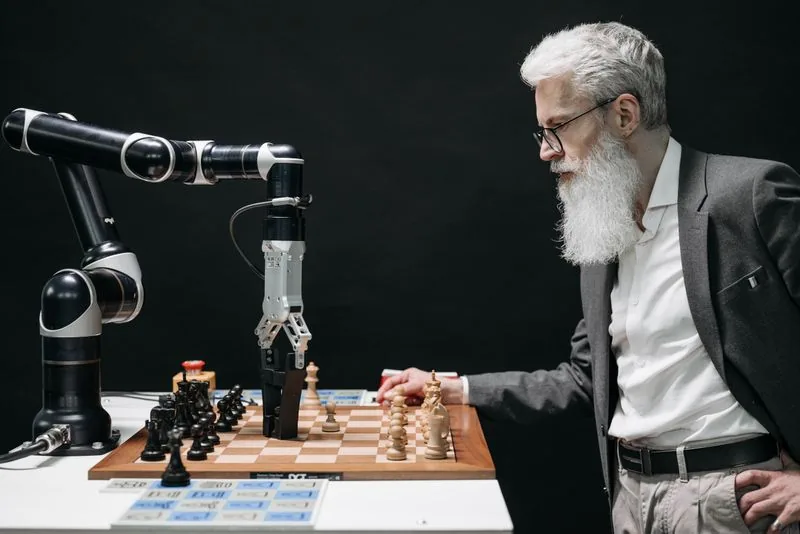 A person playing chess against a robotic arm, a metaphor for the choice between high-quality likes from high-quality accounts and fake likes generated by bots
