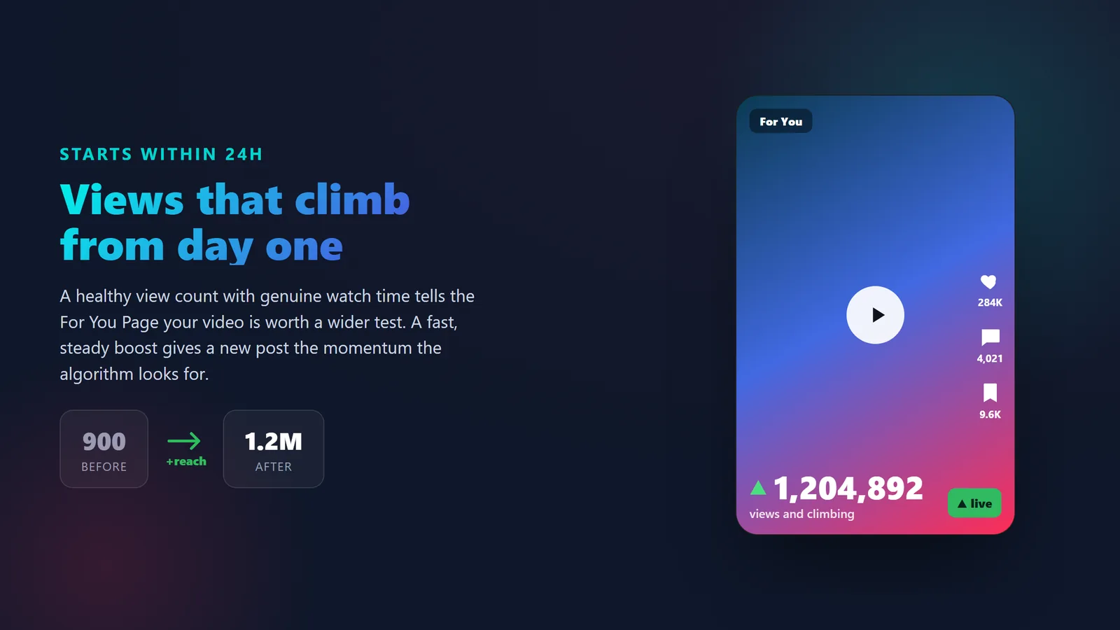 BoostPals TikTok view count climbing on a video after buying high-retention views